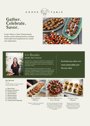 Cream-and-green catering flyer promoting New Orleans event catering with headline “Gather. Celebrate. Savor.” showing plated meatball skewers, cherry tomato and mozzarella bites, mini tarts, a smiling chef portrait, and a services list for parties and events.