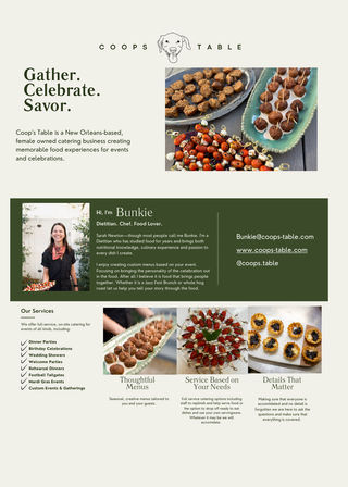 Cream-and-green catering flyer promoting New Orleans event catering with headline “Gather. Celebrate. Savor.” showing plated meatball skewers, cherry tomato and mozzarella bites, mini tarts, a smiling chef portrait, and a services list for parties and events.