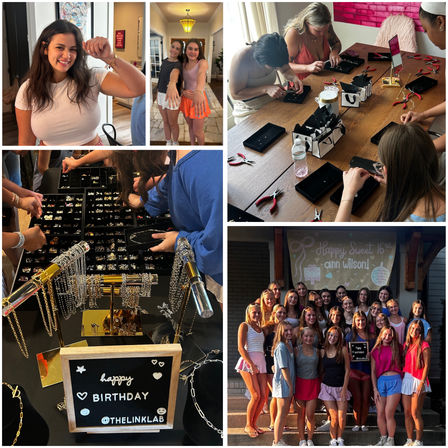 Collage of a hands-on birthday jewelry party: smiling young women trying on bracelets, selecting charms from trays, crafting necklaces with pliers at a table, a display of necklaces and charms on stands, and a large group posing together on a front porch.