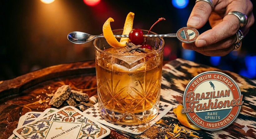 Brazilian-inspired Old Fashioned cocktail in a cut-crystal rocks glass with large ice cube, orange twist, cherries and chocolate shavings on a wooden bar, a ringed hand holding a twisted spoon and token