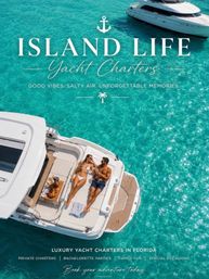 Aerial view of a couple sunbathing on a white luxury yacht in crystal-clear turquoise Florida waters, evoking island life, yacht charters and tropical adventure.