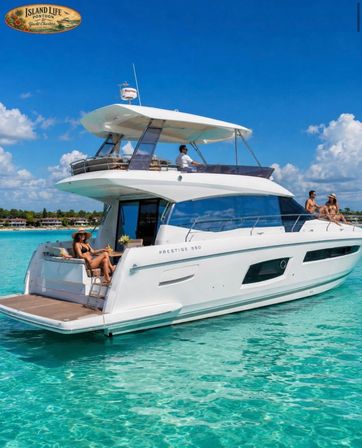 White luxury yacht anchored in crystal‑clear turquoise tropical water under a blue sky, with a captain on the flybridge and three people relaxing on the bow and stern, sunhat and drinks for a yacht‑charter vibe.