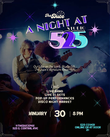 Retro disco event poster for Phoenix, AZ nightlife: live band on stage with silhouetted crowd and neon star graphics, large '525' graphic, promotes live band, live DJ sets, pop-up performances and disco night market — January 30 at 8 PM, $25 cover, 21+.