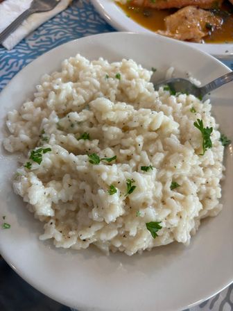 Close-up of velvety Parmesan risotto with chopped parsley garnish on a white plate — creamy Italian-style rice side dish.