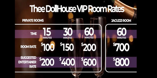 VIP room rates poster showing private room options — 15 minutes $100, 30 minutes $150, 60 minutes $200 with suggested entertainer rates $200, $400, $600; separate Jacuzzi room 60 minutes $700 with suggested entertainer rate $800, overlaid on champagne glasses and bokeh lights.