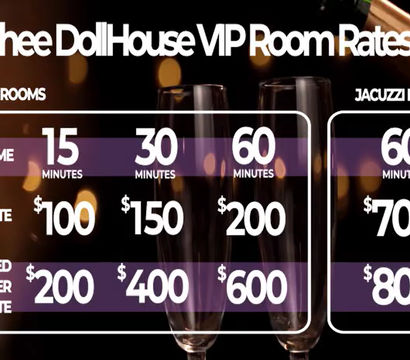 VIP room rates poster showing private room options — 15 minutes $100, 30 minutes $150, 60 minutes $200 with suggested entertainer rates $200, $400, $600; separate Jacuzzi room 60 minutes $700 with suggested entertainer rate $800, overlaid on champagne glasses and bokeh lights.