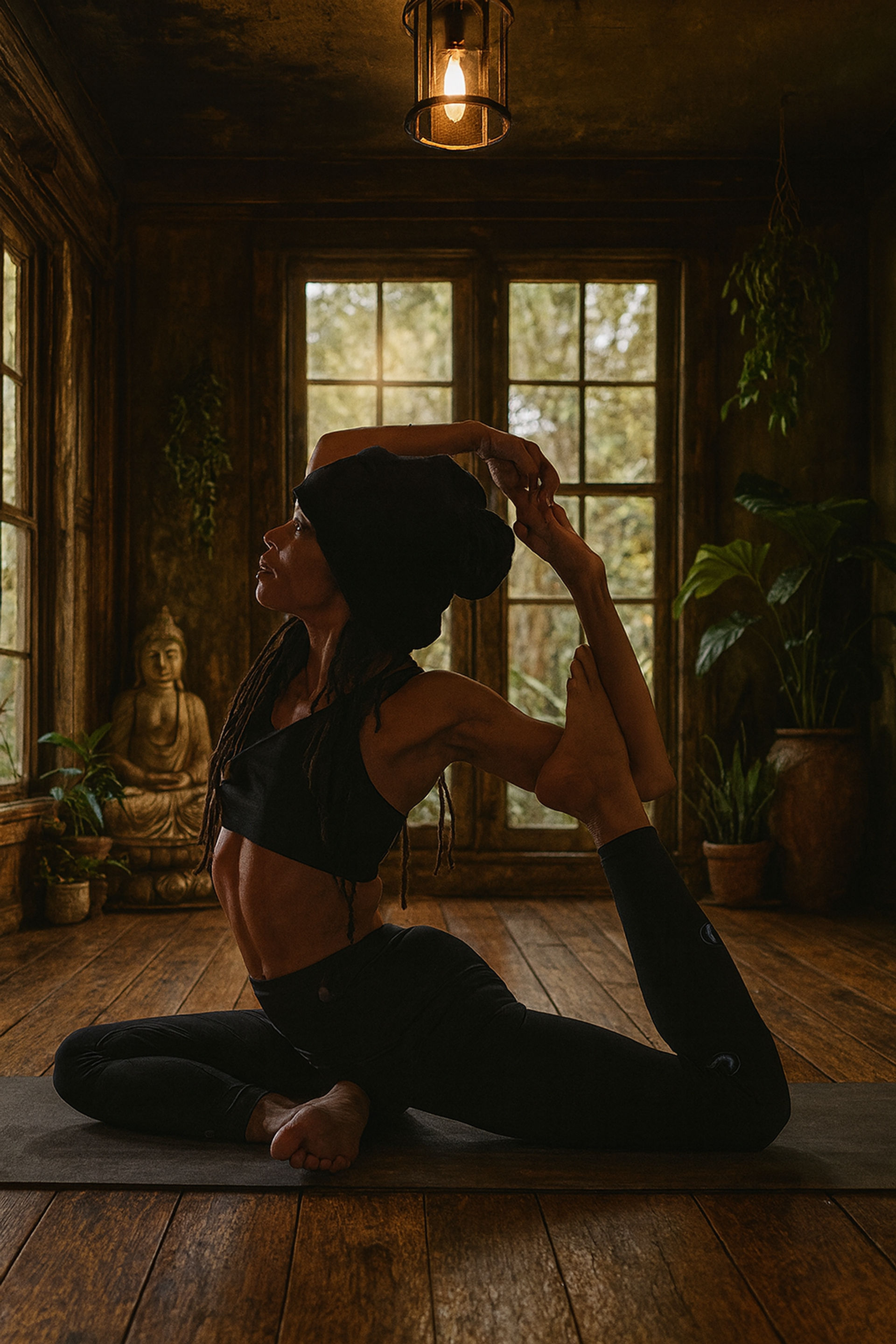 Person practicing advanced yoga (king pigeon) in a rustic sunlit meditation room with Buddha statue and plants