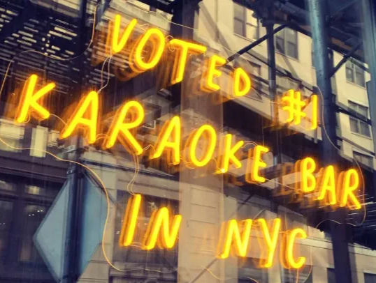 Glowing neon sign reading "Voted #1 Karaoke Bar in NYC" in a storefront window with reflected city buildings and a fire escape, bright urban nightlife vibe.