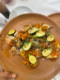 Grilled white fish topped with seared baby zucchini, chunky tomato relish and microgreens on a terracotta plate