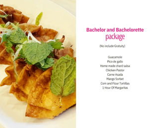 Close-up of crispy fried taco cups garnished with fresh mint on a white plate, beside a printed party menu titled 'Bachelor and Bachelorette package' listing guacamole, pico de gallo, salsas, chicken pastor, carne asada, mango sorbet, tortillas and one hour of margaritas — a festive Mexican-style catering option.