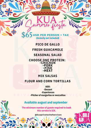 Colorful Mexican summer fiesta catering flyer with sombrero and floral decorations, advertising $65 USD per person + tax. Menu lists pico de gallo, fresh guacamole, seasonal salad, choice of protein (chicken, pork, fish, meat), mixed salsas, flour and corn tortillas, optional dessert, experiences or pitcher of margaritas/mezcalitas. Available August and September; minimum six guests.