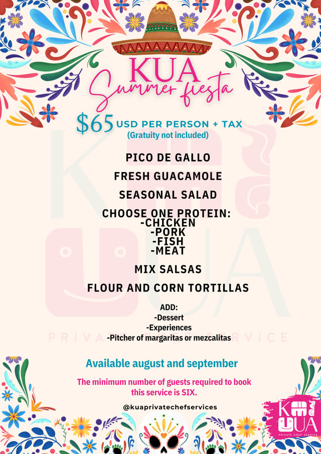 Colorful Mexican summer fiesta catering flyer with sombrero and floral decorations, advertising $65 USD per person + tax. Menu lists pico de gallo, fresh guacamole, seasonal salad, choice of protein (chicken, pork, fish, meat), mixed salsas, flour and corn tortillas, optional dessert, experiences or pitcher of margaritas/mezcalitas. Available August and September; minimum six guests.